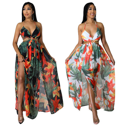 Robe dos nu à imprimé floral pour femme, décolleté en chaîne, fendue sur la cuisse, nouée dans le dos, tenue d'automne, tenue de vacances, élégante robe longue dos nu avec anneaux pour les vacances à la plage, robe Capri d'été pour femme, robes Moo Moo