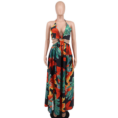 Robe dos nu à imprimé floral pour femme, décolleté en chaîne, fendue sur la cuisse, nouée dans le dos, tenue d'automne, tenue de vacances, élégante robe longue dos nu avec anneaux pour les vacances à la plage, robe Capri d'été pour femme, robes Moo Moo