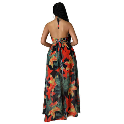 Robe dos nu à imprimé floral pour femme, décolleté en chaîne, fendue sur la cuisse, nouée dans le dos, tenue d'automne, tenue de vacances, élégante robe longue dos nu avec anneaux pour les vacances à la plage, robe Capri d'été pour femme, robes Moo Moo
