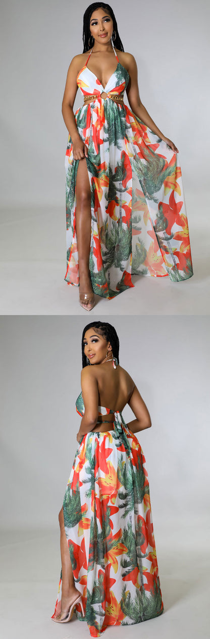 Robe dos nu à imprimé floral pour femme, décolleté en chaîne, fendue sur la cuisse, nouée dans le dos, tenue d'automne, tenue de vacances, élégante robe longue dos nu avec anneaux pour les vacances à la plage, robe Capri d'été pour femme, robes Moo Moo