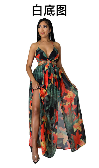Robe dos nu à imprimé floral pour femme, décolleté en chaîne, fendue sur la cuisse, nouée dans le dos, tenue d'automne, tenue de vacances, élégante robe longue dos nu avec anneaux pour les vacances à la plage, robe Capri d'été pour femme, robes Moo Moo