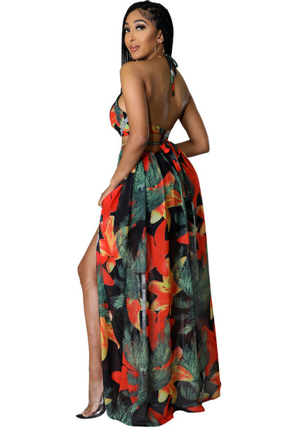 Robe dos nu à imprimé floral pour femme, décolleté en chaîne, fendue sur la cuisse, nouée dans le dos, tenue d'automne, tenue de vacances, élégante robe longue dos nu avec anneaux pour les vacances à la plage, robe Capri d'été pour femme, robes Moo Moo