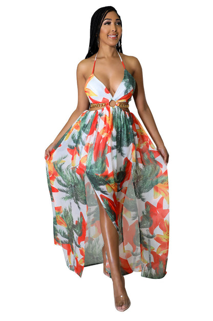Robe dos nu à imprimé floral pour femme, décolleté en chaîne, fendue sur la cuisse, nouée dans le dos, tenue d'automne, tenue de vacances, élégante robe longue dos nu avec anneaux pour les vacances à la plage, robe Capri d'été pour femme, robes Moo Moo