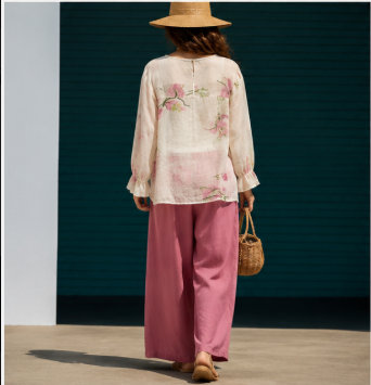 Women's Floral Print Long Sleeve Ruffle Cuff Blouse Wide-Leg Pants Two-Piece Set Boho Artsy Summer Vacation Outfit - Seldom Seen Styles