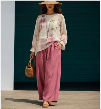Women's Floral Print Long Sleeve Ruffle Cuff Blouse Wide-Leg Pants Two-Piece Set Boho Artsy Summer Vacation Outfit - Seldom Seen Styles