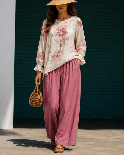 Women's Floral Print Long Sleeve Ruffle Cuff Blouse Wide-Leg Pants Two-Piece Set Boho Artsy Summer Vacation Outfit