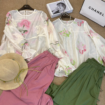 Women's Floral Print Long Sleeve Ruffle Cuff Blouse Wide-Leg Pants Two-Piece Set Boho Artsy Summer Vacation Outfit
