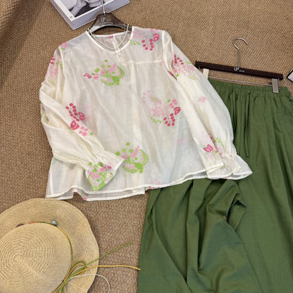 Women's Floral Print Long Sleeve Ruffle Cuff Blouse Wide-Leg Pants Two-Piece Set Boho Artsy Summer Vacation Outfit