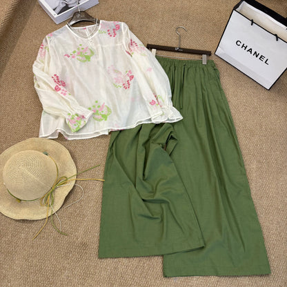 Women's Floral Print Long Sleeve Ruffle Cuff Blouse Wide-Leg Pants Two-Piece Set Boho Artsy Summer Vacation Outfit