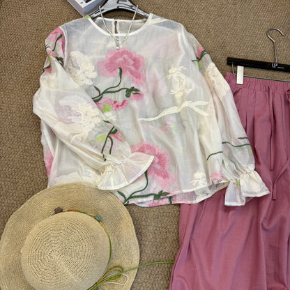 Women's Floral Print Long Sleeve Ruffle Cuff Blouse Wide-Leg Pants Two-Piece Set Boho Artsy Summer Vacation Outfit
