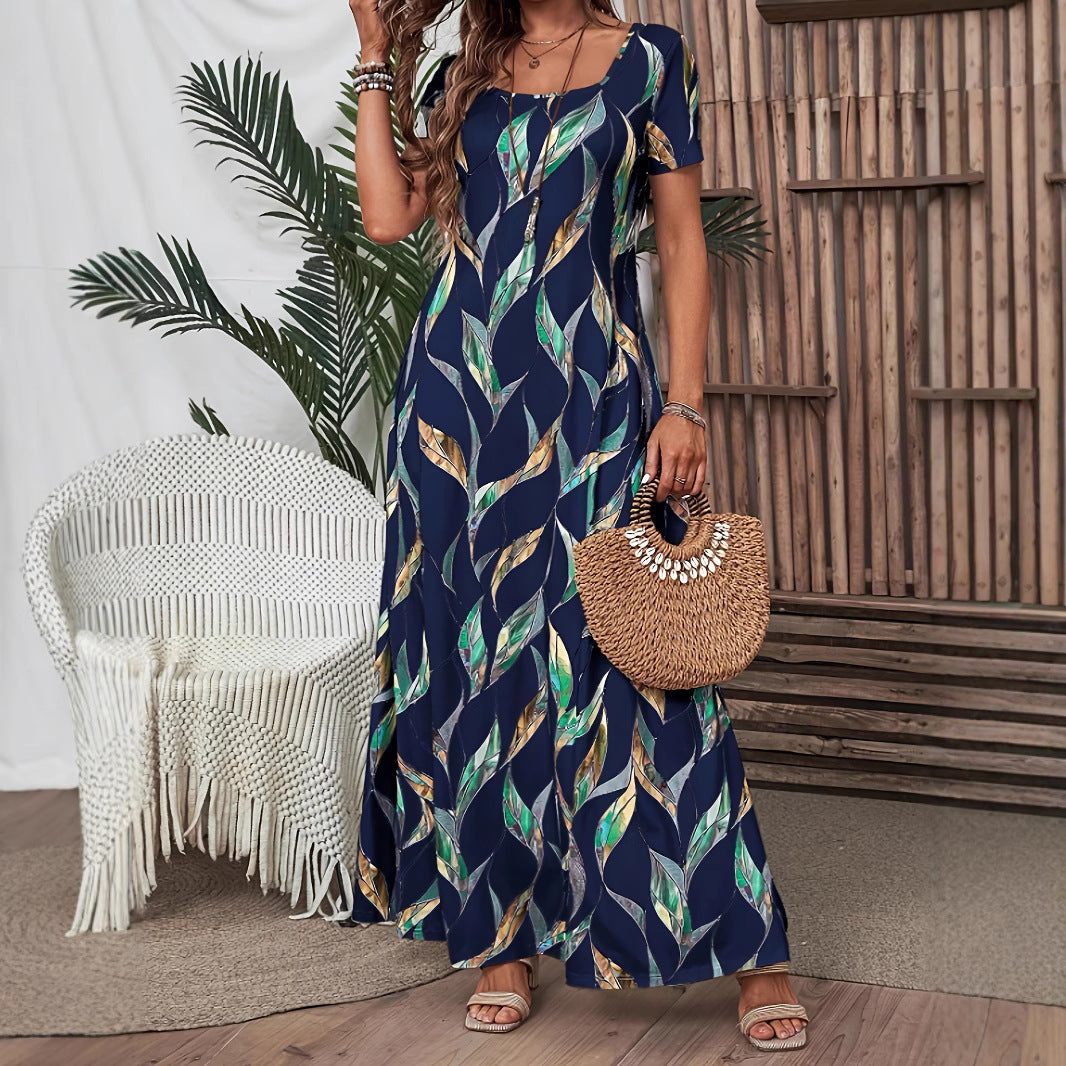 Women's Floral Print Maxi Dress Short Sleeve Square Neck Casual Summer Dress Boho Vacation Beach Dress - Seldom Seen Styles