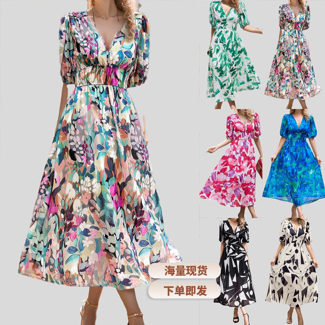 Women's Floral Print Maxi Dress V Neck Puff Sleeve Boho Dress Smocked Waist Vacation Beach Dress - Seldom Seen Styles