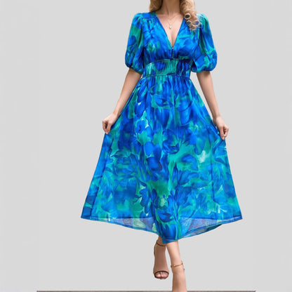 Women's Floral Print Maxi Dress V Neck Puff Sleeve Boho Dress Smocked Waist Vacation Beach Dress