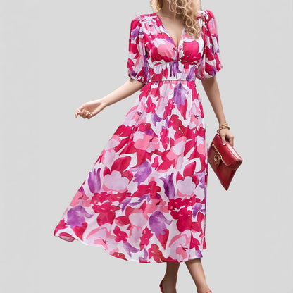 Women's Floral Print Maxi Dress V Neck Puff Sleeve Boho Dress Smocked Waist Vacation Beach Dress