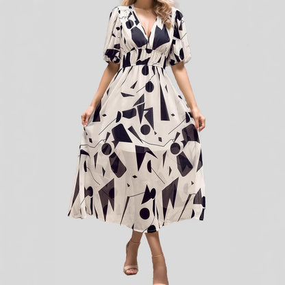 Women's Floral Print Maxi Dress V Neck Puff Sleeve Boho Dress Smocked Waist Vacation Beach Dress