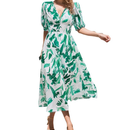 Women's Floral Print Maxi Dress V Neck Puff Sleeve Boho Dress Smocked Waist Vacation Beach Dress