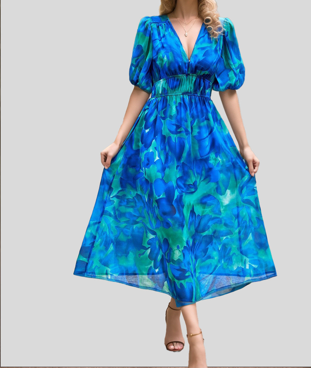 Women's Floral Print Maxi Dress V Neck Puff Sleeve Boho Dress Smocked Waist Vacation Beach Dress - Seldom Seen Styles