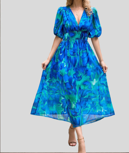 Women's Floral Print Maxi Dress V Neck Puff Sleeve Boho Dress Smocked Waist Vacation Beach Dress