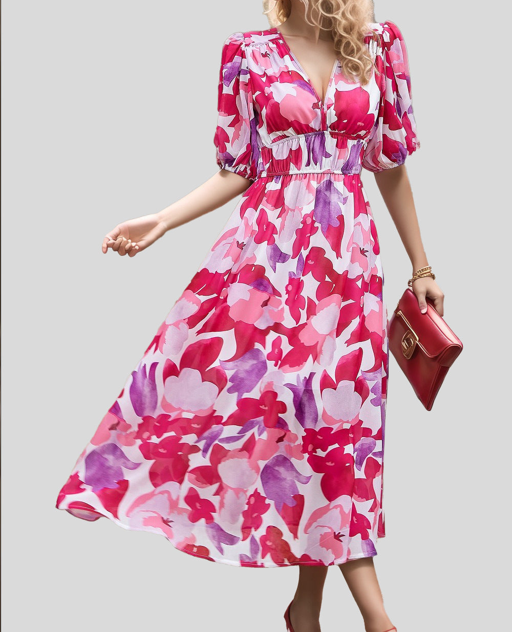 Women's Floral Print Maxi Dress V Neck Puff Sleeve Boho Dress Smocked Waist Vacation Beach Dress - Seldom Seen Styles