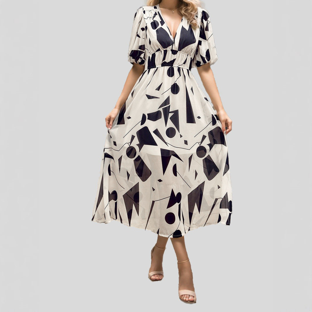 Women's Floral Print Maxi Dress V Neck Puff Sleeve Boho Dress Smocked Waist Vacation Beach Dress - Seldom Seen Styles