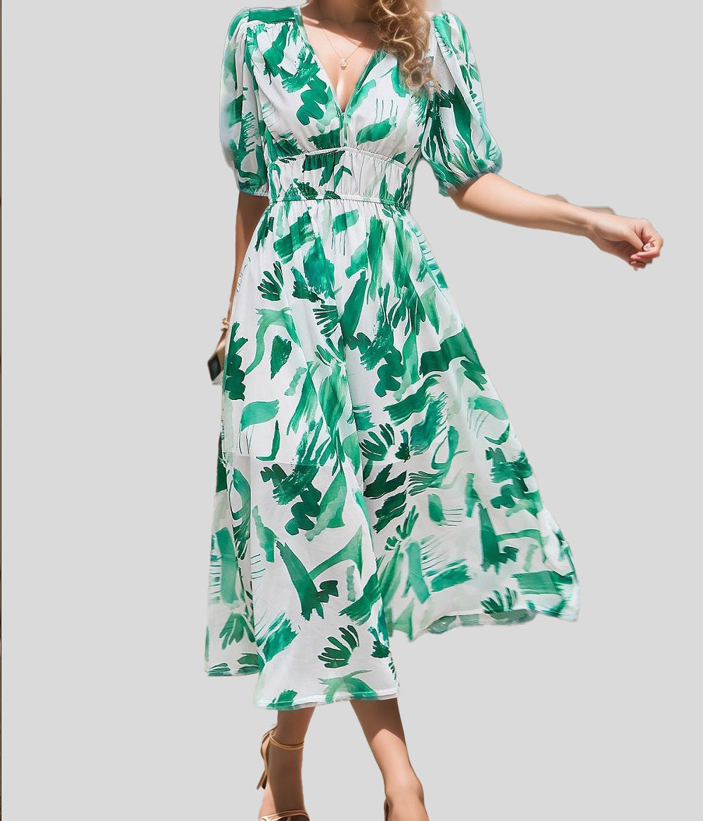 Women's Floral Print Maxi Dress V Neck Puff Sleeve Boho Dress Smocked Waist Vacation Beach Dress - Seldom Seen Styles