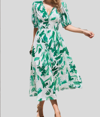 Women's Floral Print Maxi Dress V Neck Puff Sleeve Boho Dress Smocked Waist Vacation Beach Dress