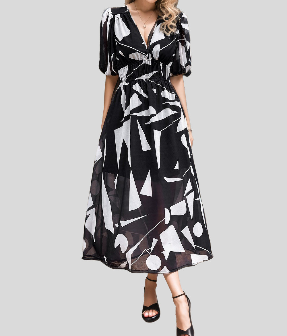 Women's Floral Print Maxi Dress V Neck Puff Sleeve Boho Dress Smocked Waist Vacation Beach Dress - Seldom Seen Styles