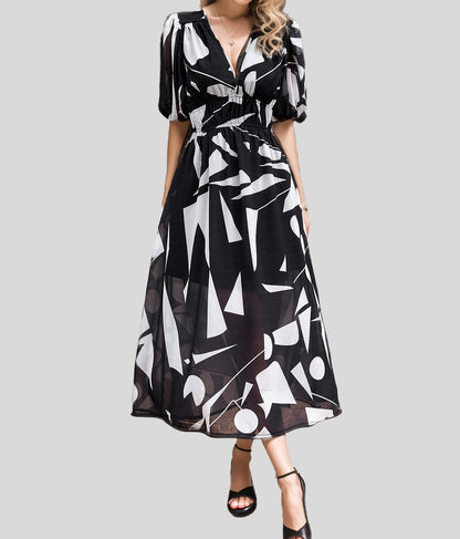 Women's Floral Print Maxi Dress V Neck Puff Sleeve Boho Dress Smocked Waist Vacation Beach Dress