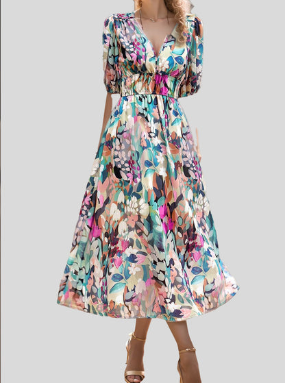 Women's Floral Print Maxi Dress V Neck Puff Sleeve Boho Dress Smocked Waist Vacation Beach Dress