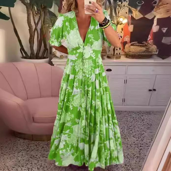Women's Floral Print Maxi Dress V Neck Short Sleeve Boho Dress Smocked Waist Beach Vacation Dress - Seldom Seen Styles