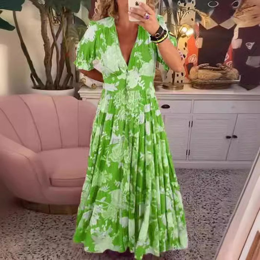 Women's Floral Print Maxi Dress V Neck Short Sleeve Boho Dress Smocked Waist Beach Vacation Dress - Seldom Seen Styles