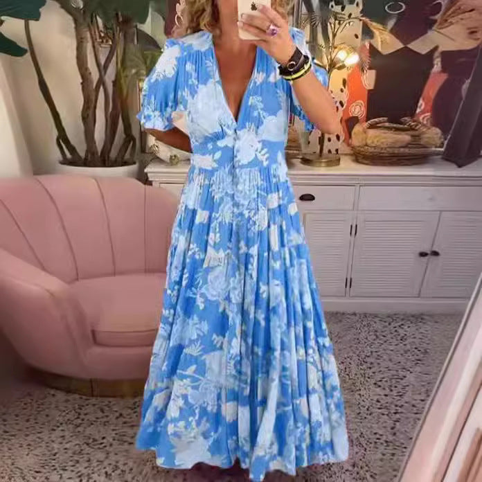 Women's Floral Print Maxi Dress V Neck Short Sleeve Boho Dress Smocked Waist Beach Vacation Dress - Seldom Seen Styles