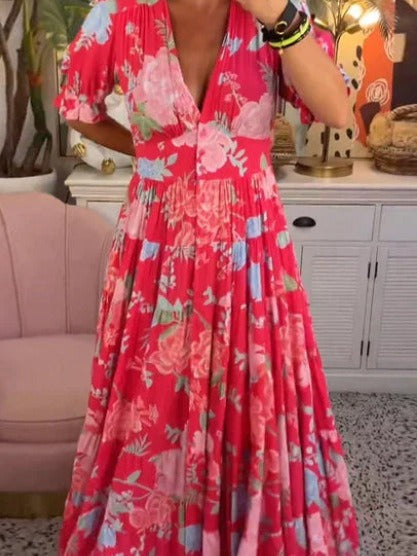 Women's Floral Print Maxi Dress V Neck Short Sleeve Boho Dress Smocked Waist Beach Vacation Dress - Seldom Seen Styles