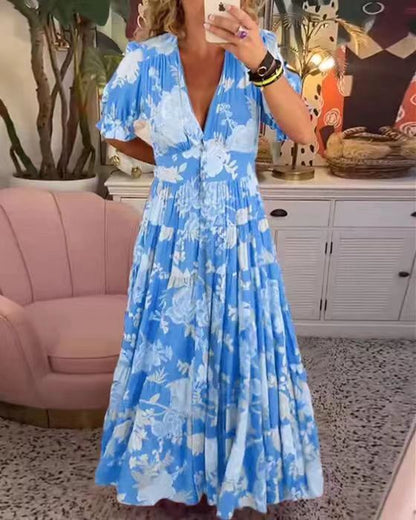 Women's Floral Print Maxi Dress V Neck Short Sleeve Boho Dress Smocked Waist Beach Vacation Dress