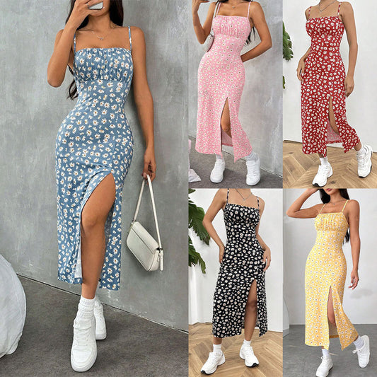 Women's Floral Print Midi Dress Spaghetti Strap Bodycon Slit Summer Sundress - Seldom Seen Styles