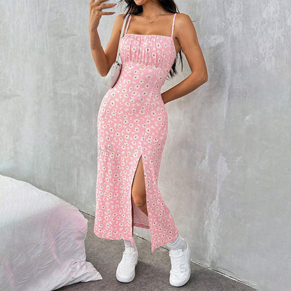 Women's Floral Print Midi Dress Spaghetti Strap Bodycon Slit Summer Sundress