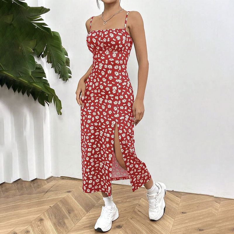 Women's Floral Print Midi Dress Spaghetti Strap Bodycon Slit Summer Sundress - Seldom Seen Styles