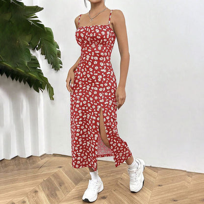 Women's Floral Print Midi Dress Spaghetti Strap Bodycon Slit Summer Sundress