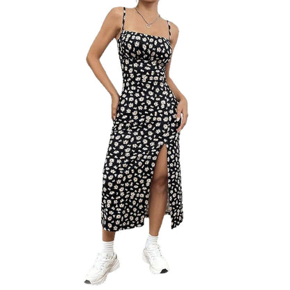 Women's Floral Print Midi Dress Spaghetti Strap Bodycon Slit Summer Sundress