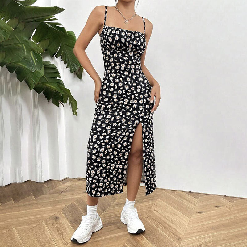 Women's Floral Print Midi Dress Spaghetti Strap Bodycon Slit Summer Sundress - Seldom Seen Styles