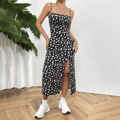 Women's Floral Print Midi Dress Spaghetti Strap Bodycon Slit Summer Sundress