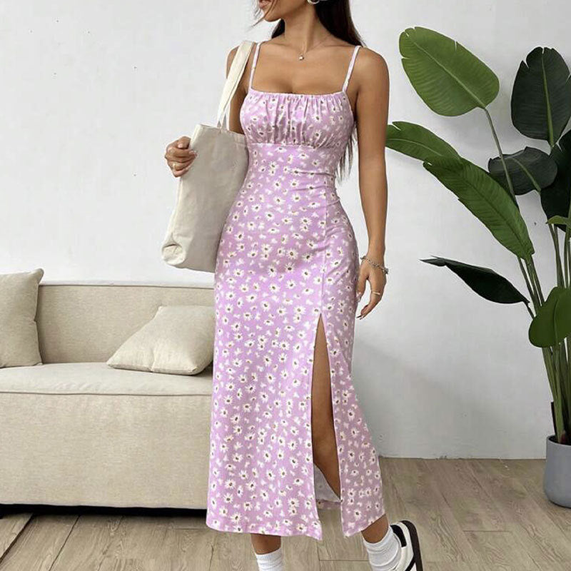 Women's Floral Print Midi Dress Spaghetti Strap Bodycon Slit Summer Sundress - Seldom Seen Styles