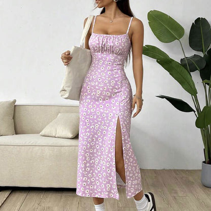Women's Floral Print Midi Dress Spaghetti Strap Bodycon Slit Summer Sundress