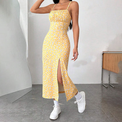 Women's Floral Print Midi Dress Spaghetti Strap Bodycon Slit Summer Sundress
