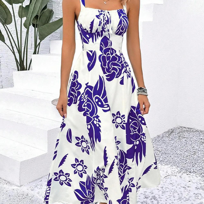 Women's Floral Print Spaghetti Strap Dress Smocked Back High Waist A-Line Summer Beach Vacation Midi Dress | Bloom Smock