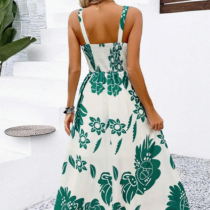 Women's Floral Print Spaghetti Strap Dress Smocked Back High Waist A-Line Summer Beach Vacation Midi Dress | Bloom Smock