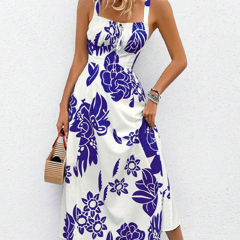 Women's Floral Print Spaghetti Strap Dress Smocked Back High Waist A-Line Summer Beach Vacation Midi Dress | Bloom Smock - Seldom Seen Styles