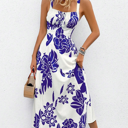 Women's Floral Print Spaghetti Strap Dress Smocked Back High Waist A-Line Summer Beach Vacation Midi Dress | Bloom Smock