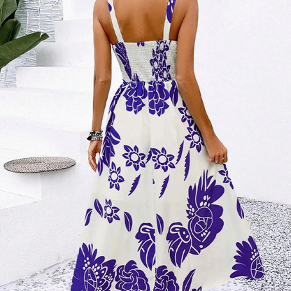 Women's Floral Print Spaghetti Strap Dress Smocked Back High Waist A-Line Summer Beach Vacation Midi Dress | Bloom Smock