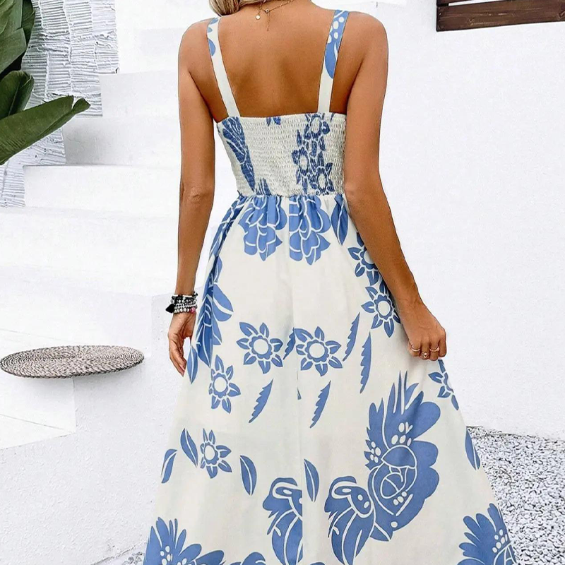 Women's Floral Print Spaghetti Strap Dress Smocked Back High Waist A-Line Summer Beach Vacation Midi Dress | Bloom Smock - Seldom Seen Styles
